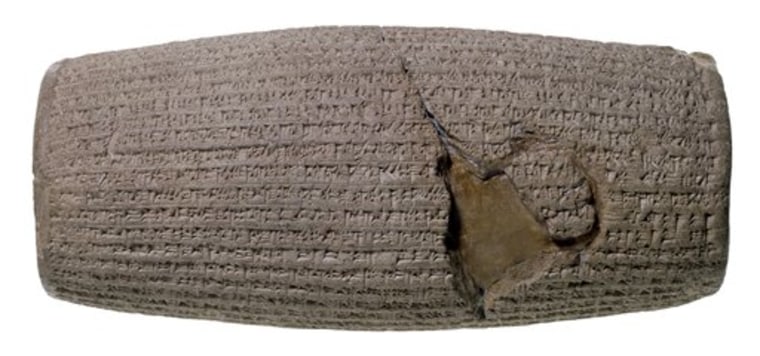 This undated photo released by The British Museum in 2010 shows the Cyrus Cylinder, a 6th century B.C. clay tablet which is thought to be the world's earliest bill of rights. The 2,500-year-old Babylonian artifact is returning to the British Museum after a seven-month loan to Iran. 